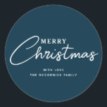 Modern Elegant Navy Blue Merry Christmas Name Classic Round Sticker<br><div class="desc">Add a moody touch to your holiday wrapping and more with these Modern Elegant Navy Blue Merry Christmas Name Classic Round Stickers. Each is designed with text "Merry Christmas" in white letters on dark blue. The font is hand script lettering mixed with simple easy to read letters. Personalised with family...</div>