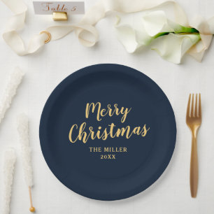 Modern Elegant Navy Blue Merry Christmas  Paper Plate
