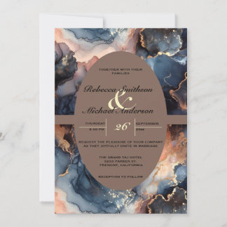 Modern Elegant Navy Blue & Peach Watercolor Agate Invitation