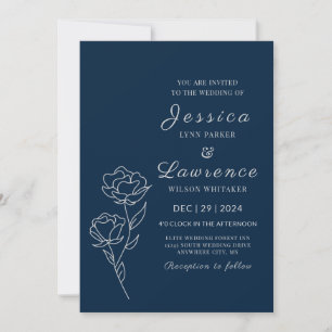 Modern Elegant Navy Blue Silver Floral Wedding Invitation