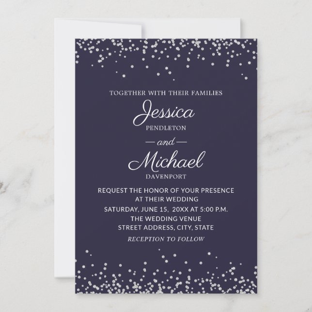 Modern Elegant Navy Blue Silver Glitter Wedding Invitation (Front)