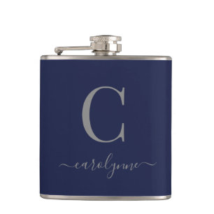 Modern Elegant Navy Blue Silver Monogram Hip Flask