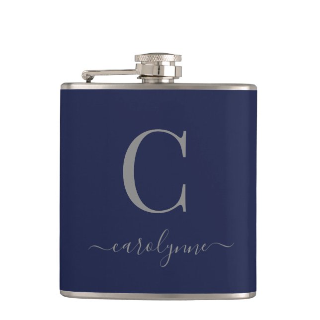 Modern Elegant Navy Blue Silver Monogram Hip Flask (Front)