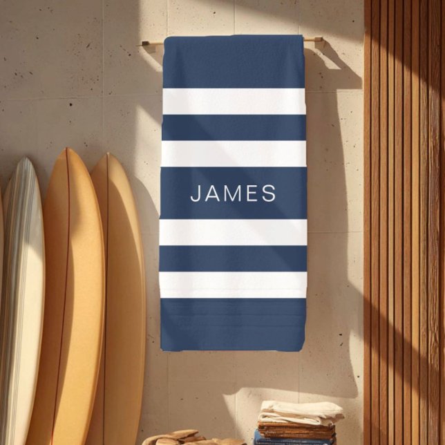 Modern Elegant Navy Blue Stripes Pattern Name Beach Towel (Modern Elegant Navy Blue Stripes Pattern Name Beach Towel)