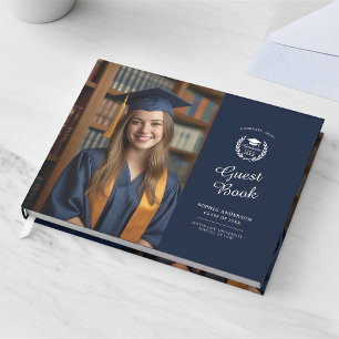 Modern Elegant Navy Blue Two-Photo Grad Keepsake Guest Book