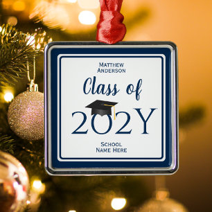 Modern Elegant Navy Blue Typography Graduation Metal Tree Decoration
