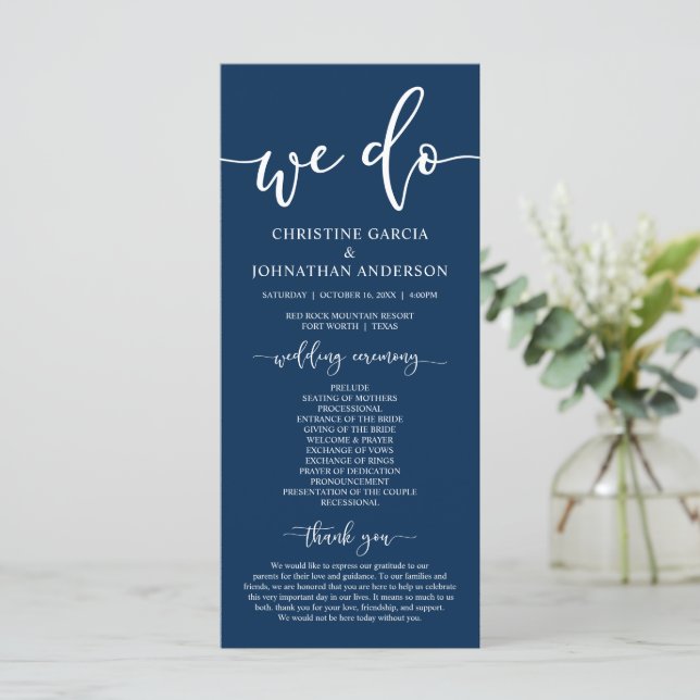 Modern elegant Navy Blue, Wedding Ceremony  Progra Programme (Standing Front)