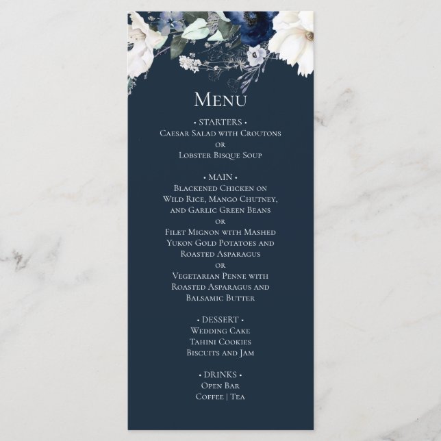 Modern Elegant Navy Blue Wedding Menu (Front)