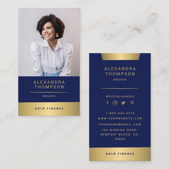 Modern Elegant Navy Gold CEO Professional Photo Business Card (Front/Back)