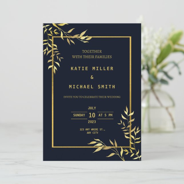 Modern Elegant Navy Gold Wedding Invitation (Standing Front)