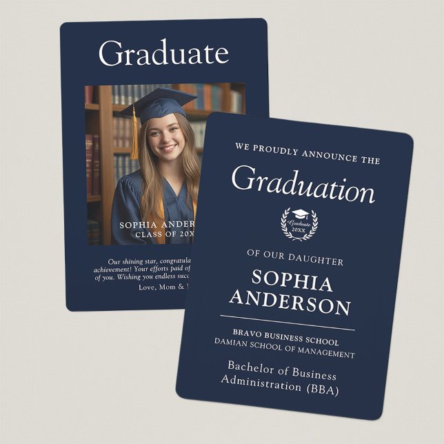 Modern Elegant Navy Graduation Photo Announcement (Creator Uploaded)