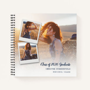 Modern Elegant Navy Script Photo Graduation Guest Notebook