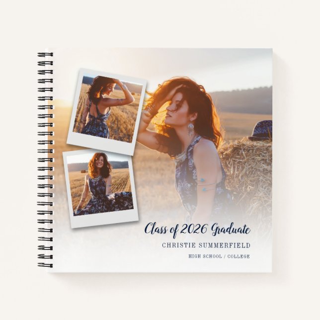 Modern Elegant Navy Script Photo Graduation Guest Notebook (Front)
