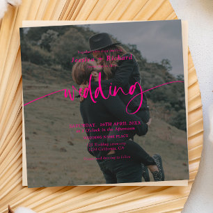 Modern elegant neon pink photo wedding script  invitation