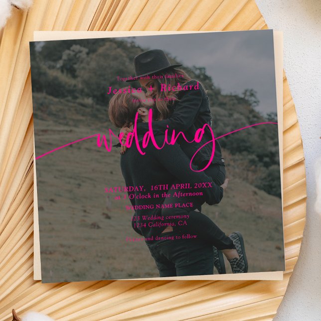 Modern elegant neon pink photo wedding script  invitation (Creator Uploaded)