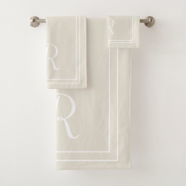 Modern Elegant Neutral White Monogram Bath Towel Set (Insitu)