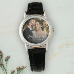 Modern Elegant Newly Wed Wedding Photo Anniversary Watch<br><div class="desc">This elegant script photo watch will be a beautiful keepsake of your wedding day! The unique calligraphy reads 'Mr and Mrs' alongside your custom family name and date. Add your wedding photo and make this into a perfect gift for the newlywed bride,  an anniversary,  or vow renewal!</div>