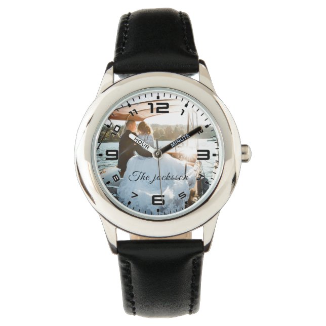 Modern Elegant Newly Wed Wedding Photo Anniversary Watch (Front)