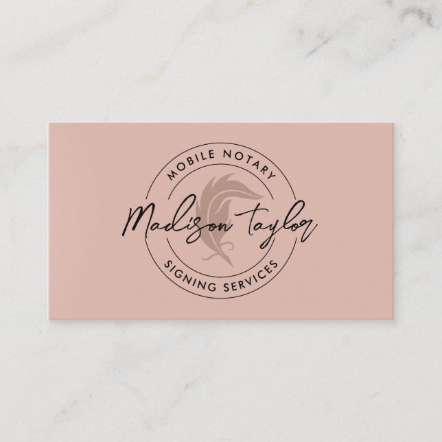 Modern Elegant Notary Loan Agent Rose Gold Quill Business Card (Front)