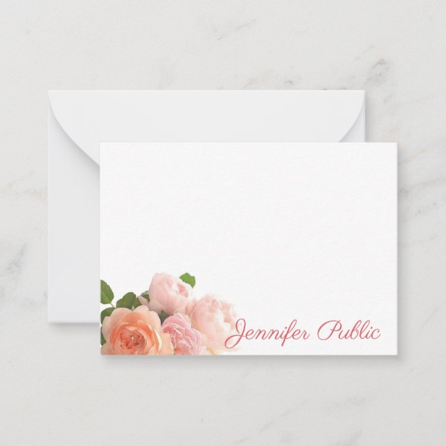 Modern Elegant Note Cards Script Watercolor Roses (Front)