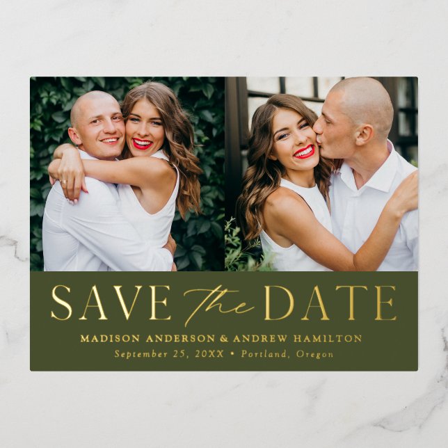 Modern Elegant Olive Green 2 Photo Save the Date Foil Invitation Postcard (Front)