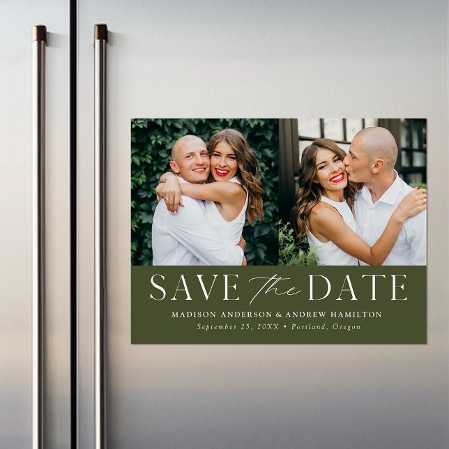 Modern Elegant Olive Green 2 Photo Save the Date Magnetic Invitation (Creator Uploaded)