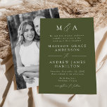 Modern Elegant Olive Green Monogram Photo Wedding Invitation<br><div class="desc">Minimalist, modern wedding invitation featuring your monogram initials and wedding details displayed in white lettering with calligraphy script accents. The olive green background can be changed to a colour of your choice. The back of the monogram wedding invitation displays your vertical engagement photo. Designed to coordinate with our Modern Elegance...</div>