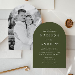 Modern Elegant Olive Green Photo Arch Wedding Invitation