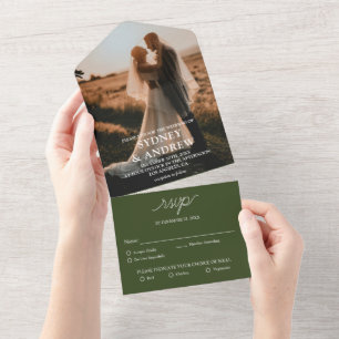 Modern Elegant Olive Green Photo RSVP Wedding All In One Invitation
