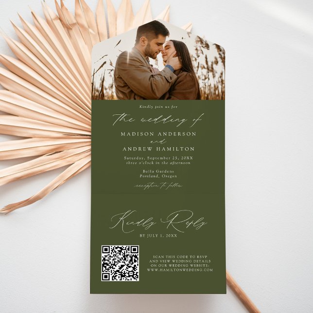 Modern Elegant Olive Green Photo Wedding All In One Invitation (Creator Uploaded)