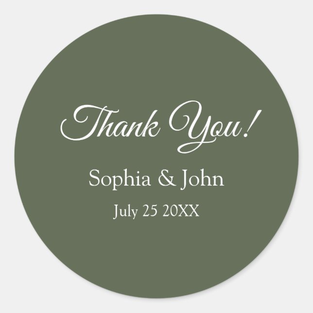 Modern Elegant Olive Green Wedding Thank You Classic Round Sticker (Front)