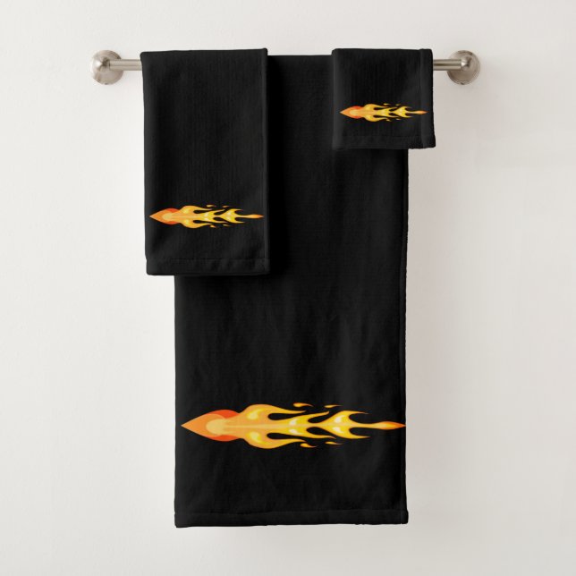 Modern Elegant Orange Yellow Fire Flame on Black Bath Towel Set (Insitu)