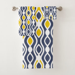 Modern, elegant, ornament, navy blue, yellow white bath towel set