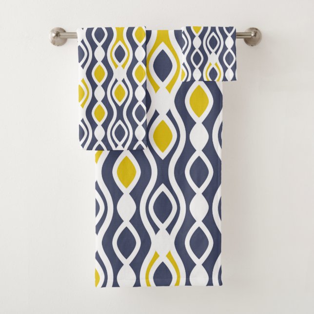 Modern, elegant, ornament, navy blue, yellow white bath towel set (Insitu)