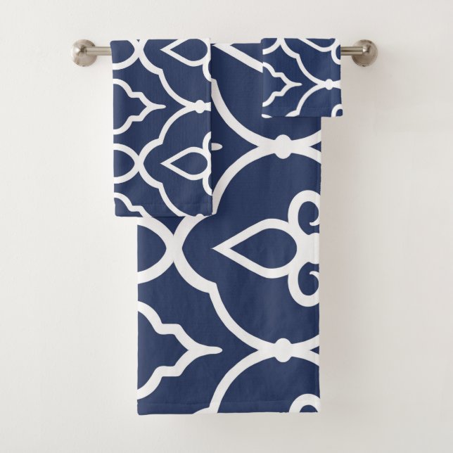 Modern, elegant ornaments in navy blue, white bath towel set (Insitu)