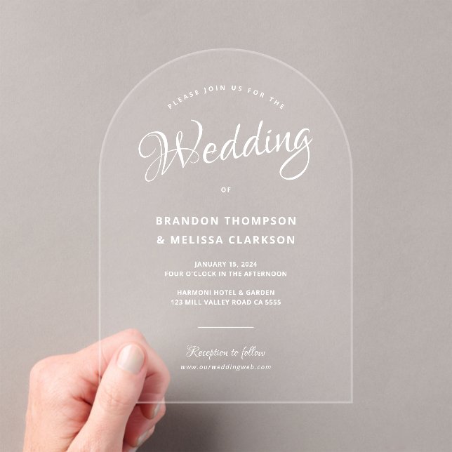 Modern Elegant Overlay White Script Clear Wedding Acrylic Invitations (Insitu (Handheld))
