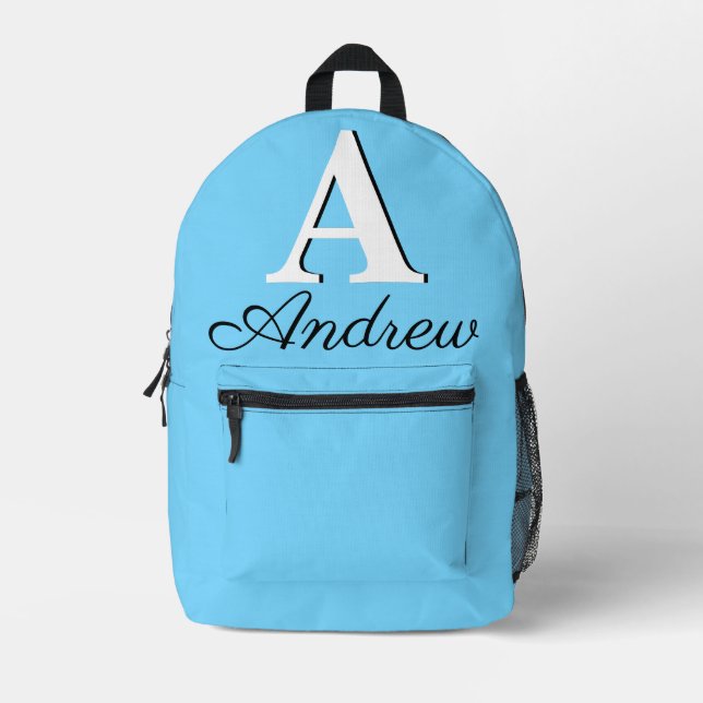 Modern Elegant Pale Cyan Monogram  Printed Backpack (Front)