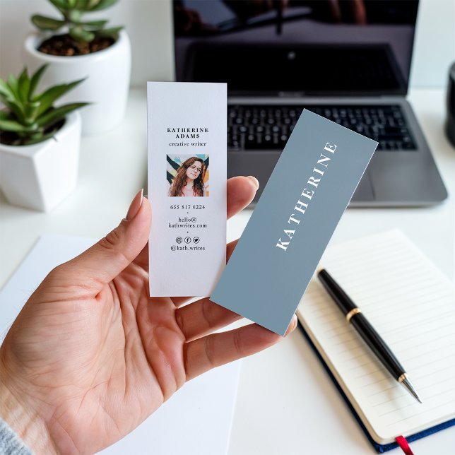 Modern elegant pastel blue minimalist photo writer mini business card (Modern elegant pastel blue minimalist photo writer)