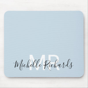 Modern elegant pastel blue monogram script mouse pad