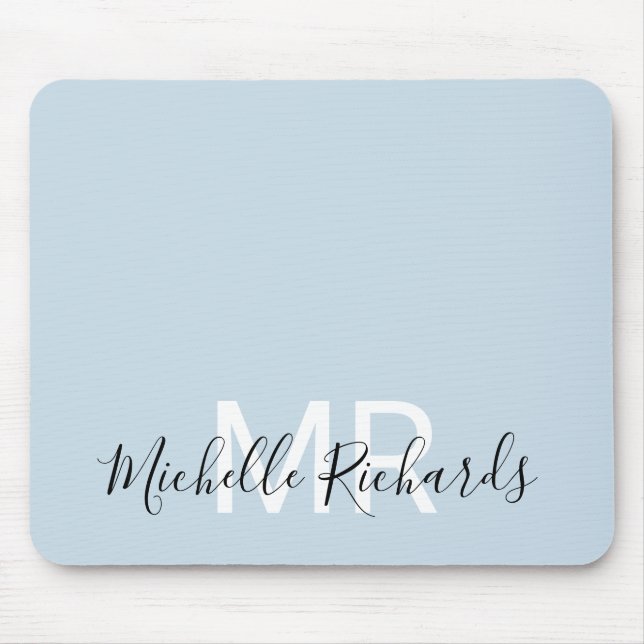 Modern elegant pastel blue monogram script mouse pad (Front)