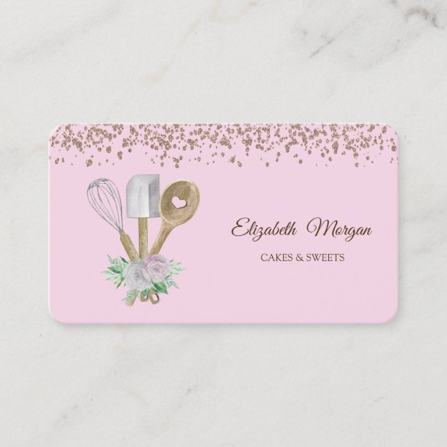 Modern Elegant Pastry Hand Tools Bakery Pink Business Card (Front)