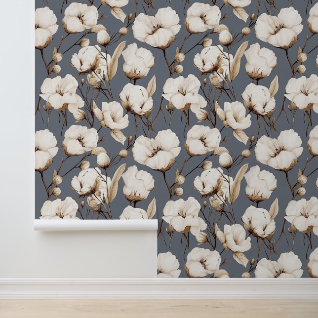 Modern Elegant Pattern Cotton Flowers  Wallpaper (Application)