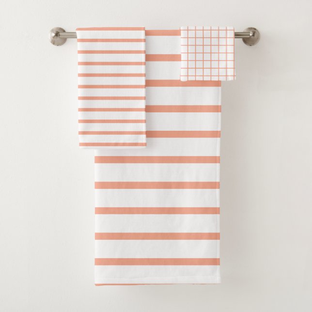 Modern Elegant Peach Check Pattern Bath Towel Set (Insitu)