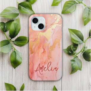Modern Elegant Peach Gold Marble Personalised Name iPhone 15 Case