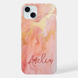 Modern Elegant Peach Gold Marble Personalised Name iPhone 15 Plus Case