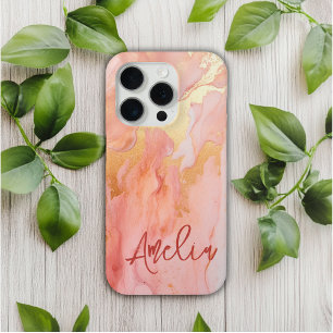 Modern Elegant Peach Gold Marble Personalised Name iPhone 15 Pro Case