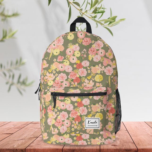 Modern Elegant Peach Pink Floral Monogram Printed Backpack (Creator Uploaded)