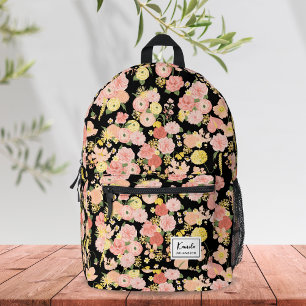 Modern Elegant Peach Pink Floral Monogram Printed Backpack