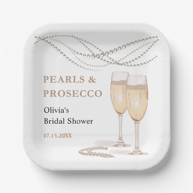 Modern Elegant Pearls & Prosecco Bridal Shower Paper Plate (Front)
