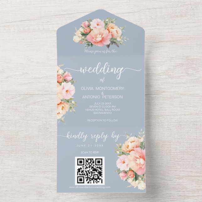 Modern Elegant Peonies Dusty Blue QR Code Wedding All In One Invitation (Inside)